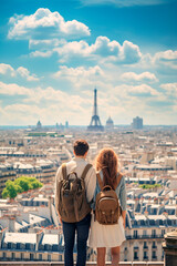 Happy young man and woman in love in Paris. Selective focus.