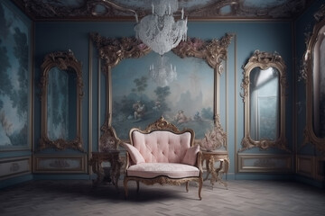 Interior, design, graphic resources concept. Minimalist interior design background in Rococo style. Fancy, ornate and textured indoors room background with copy space. Pastel colors