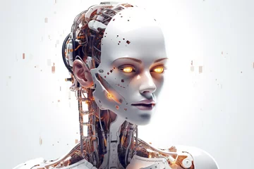 Foto op Canvas Sci-fi, technology concept. Advanced artificial intelligence female robot close-up portrait. Modern futuristic robot human assistant. Abstract futuristic humanoid robot portrait © Rytis