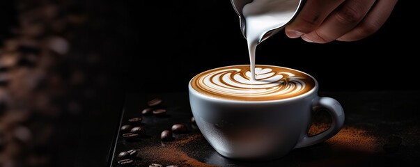 Barista pours steamed cream into a white cappuccino coffee mug and creates a pattern, close-up hands, dark background. Coffee shop. Breakfast. The concept of a brisk morning, drinks. Ultra-wide banner - obrazy, fototapety, plakaty
