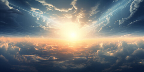 most vibrant soul healing sunset sky above the clouds - warm yellow and blue hues - sun burst and...