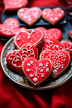 Red heart cookies for Valentine's Day. Selective focus.