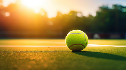 Closeup of tennis ball on empty court. Sunset, sun rays. Concept of a sporty lifestyle. Generative AI - obrazy, fototapety, plakaty