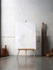 White canvas for mockup with blurred brick wall room interior Created with generative Ai