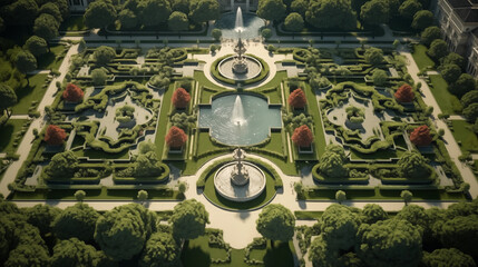 Aerial landscape of majestic garden fountains in greenery