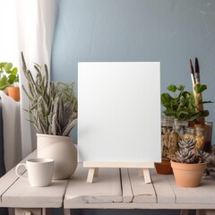 White canvas for mockup with blurred brick wall room interior Created with generative Ai