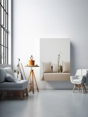 White canvas for mockup with blurred brick wall room interior Created with generative Ai