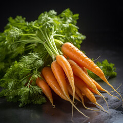 Bunch of fresh carrots with haulm on neutral background.
