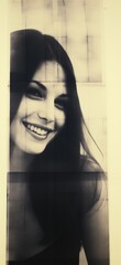 Happy girl. Surrealist pop art poster. Retro girl 1970s. Photographic collage black white colors