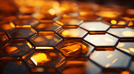 Fototapeta premium Abstract pattern of hexagonal mirrors. Golden sunset skies. High quality photo.
