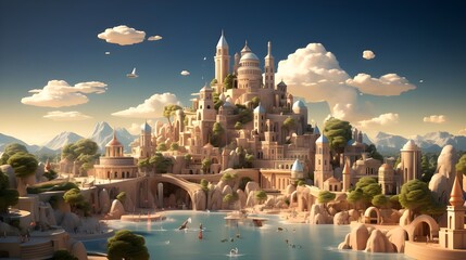 Fantasy illustration of nature, city, fictional world. - obrazy, fototapety, plakaty