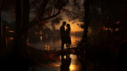 lovers on the river bank late in the evening