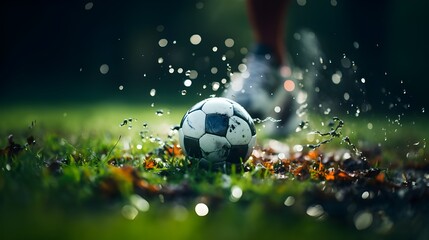 Soccer ball on the grass during a kick