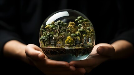 a crystal ball with a fantasy garden inside.