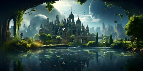 Fantasy illustration of nature, city, fictional world. - obrazy, fototapety, plakaty