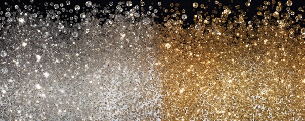 Abstract background of silver and gold shiny shimmering bubbles falling from top to bottom. Concept: festive and opulent atmosphere, party, glamorous event. Ultra-wide panoramic banner