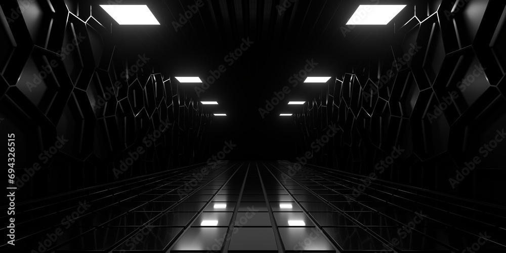 Poster sci fi neon glowing lines in a dark tunnel. reflections on the floor and ceiling. empty background i