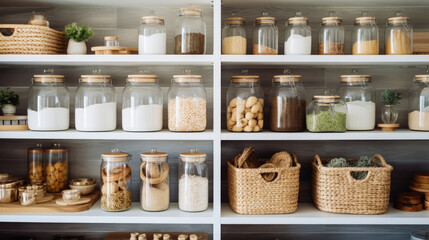 Organization of food storage. Cozy pantry with glass jars and wicker baskets. Light colour palette. Generative AI