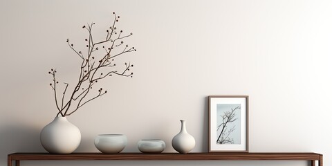 Simple living room design with empty space, wood cabinet, glass vase with branch, bowl, ball sculpture, and personal items. Decor for the home. Template.