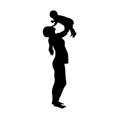 Fototapeta na wymiar Woman holding baby in her hands, mother holding her newborn child silhouette