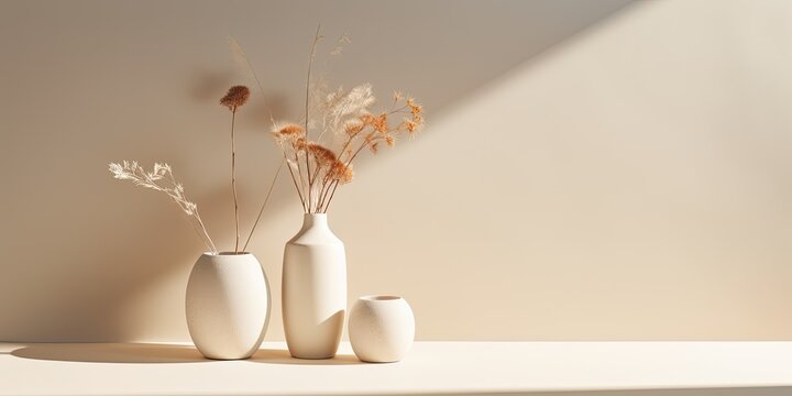 Minimal Scandinavian interior accessories featuring contemporary beige ceramic vases, dry deisy flowers, sunlit shadow, white table, and gray wall with copy space.