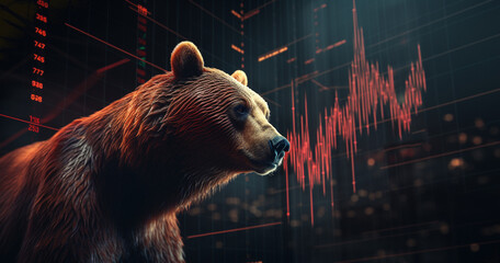 bull and bear market concept with stock chart digital crisis red price drop down chart fall, stock...