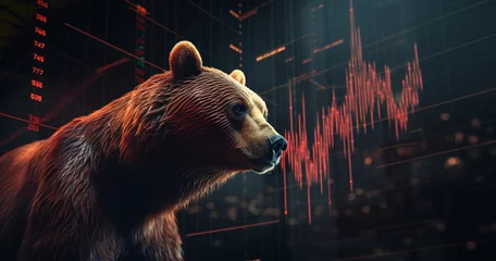 Foto auf Glas bull and bear market concept with stock chart digital crisis red price drop down chart fall, stock market bear finance risk trend investment business and money losing moving economic © Nataliia