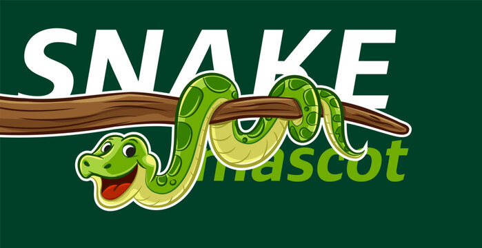 Smiling cartoon snake mascot on tree branch