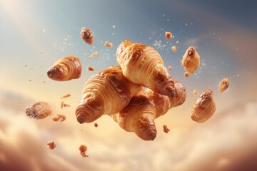 Flying croissants on sky background. Flying food concept.