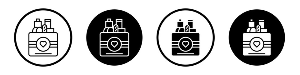 Donation box icon set. Donate grocery food box vector symbol. Bank charity grocery box logo symbol in black filled and outlined style.