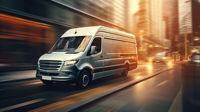 Super fast delivery of package service with van with wheels on fire.