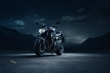Motorcycle on the road in the mountains at night.