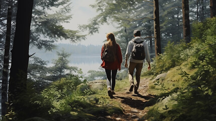 Couple walking in forest