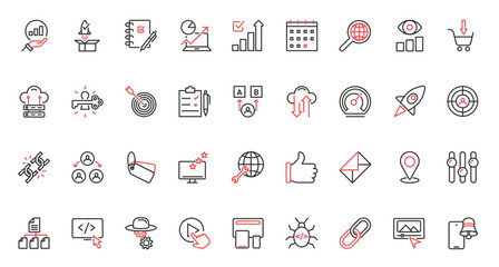 Vector illustration trendy red black thin line icons set SEO online business technology, social media campaign audience support, creative idea content communication, digital marketing process