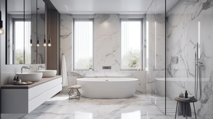 Fototapeta na wymiar realistic bathroom interior design with marble panels. Bathtub, towels and other personal bathroom accessories. Modern glamour interior concept. Roof window. Template