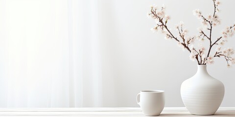 Scandinavian minimal design with white room, sakura in vase, wooden table, and spring decoration ideas. - obrazy, fototapety, plakaty