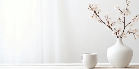 Fotobehang Scandinavian minimal design with white room, sakura in vase, wooden table, and spring decoration ideas. © Vusal