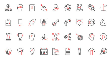 Career growth, workshop organization and counseling, advices, evaluation and communication with teacher. Mentoring, training for business teams trendy red black thin line icons set vector illustration