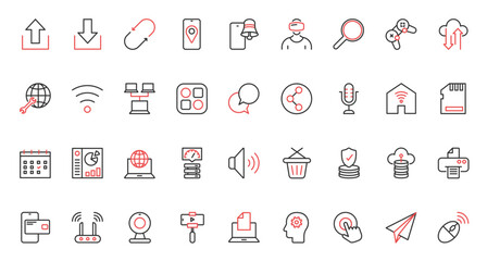 Upload, download and update data and geo location in mobile apps, cyber security of wireless network, virtual reality games. Web communication trendy red black thin line icons set vector illustration.
