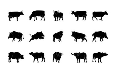 Animals silhouettes vector icons set. Isolated outline of animals cow, boar, buffalo on a white background. Vector animals symbol set.