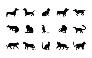 Animals silhouettes vector icons set. Isolated outline of animals dog, mongoose, cat on a white background. Vector animals symbol set.