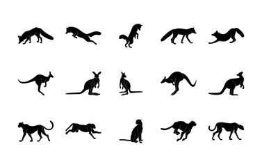 Animals silhouettes vector icons set. Isolated outline of animals fox, kangaroo, cheetah on a white background. Vector animals symbol set.