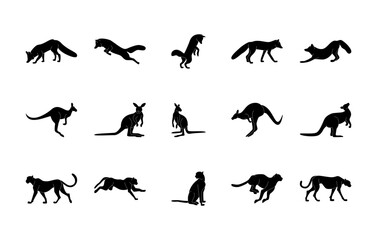 Animals silhouettes vector icons set. Isolated outline of animals fox, kangaroo, cheetah on a white background. Vector animals symbol set.