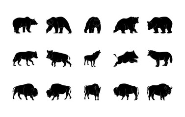 Animals silhouettes vector icons set. Isolated outline of animals bear, wolf, boar, bison on a white background. Vector animals symbol set.