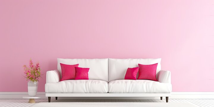 Bright living room with pink rug in front of white sofa and satin pillow, with empty wall.