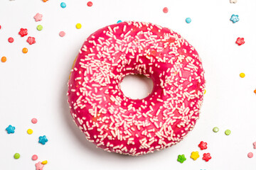 Sweet pink donut on white background, pink dessert - Powered by Adobe
