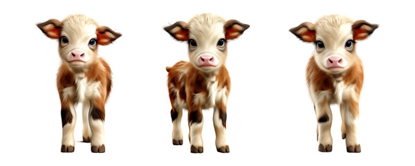 Set of 3d calf baby cow standing isolated on transparent or white background