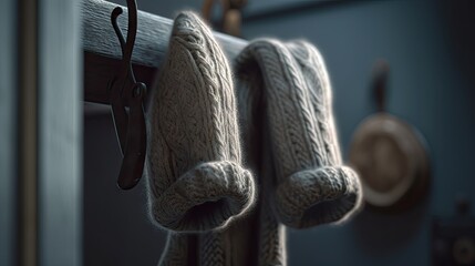 A pair of mittens hanging from coat hook