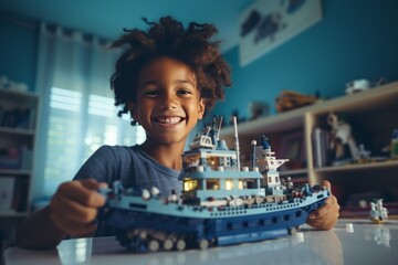 A little African American boy sits at the table in his cozy room and plays with a construction set. Happy smart kid assembling a realistic model of fishing trawler. Play and learn concept. - obrazy, fototapety, plakaty