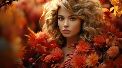 Sensual young woman among red flowers